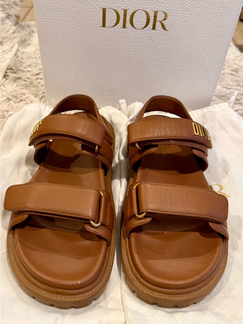 Dior DIORACT Golden Saddle Brown Lambskin Sandals Size 38.5 EUC - Picture 2 of 5